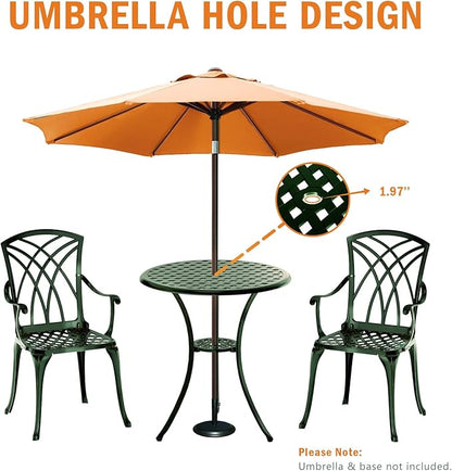 Patio Bistro Set 3 Piece, Cast Aluminum Bistro Set for 2 w/Umbrella Hole, Outdoor Table and Chairs Set of 2, Bistro Set for Balcony/Backyard/Garden, Green