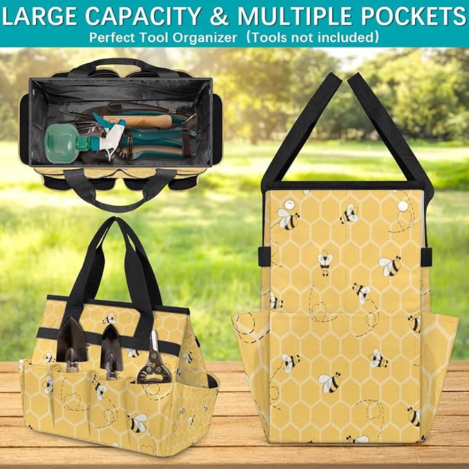 Garden Tote Bag with Pockets Honeycomb Gardening Bags for Tools Organizer Heavy Duty Storage Bag with Handle for Lawn Yard Casual
