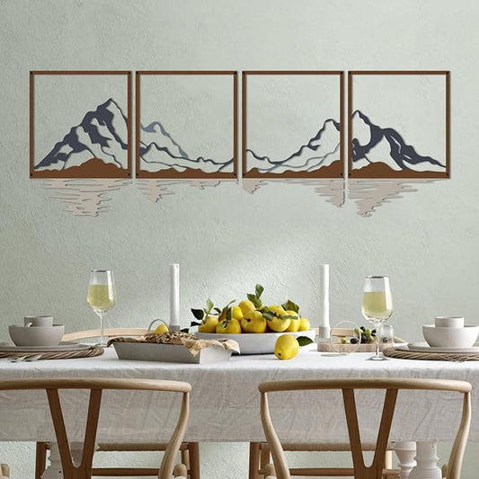 ESTART 4 Pcs Metal Mountain Wall Art, Large Mountains Wall Decor, Mountain Forest Decorative Painting Suitable For Living Room Bedroom Office Indoor And Outdoor (Mountains Rivers Large)