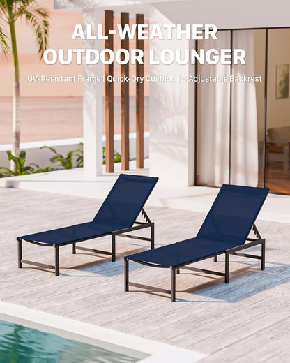 Patio Lounge Chair, Aluminum,5 Adjustable Backrest,1 Piece,NavyBlue | Lightweight rustproof aluminum.5 adjustable backrest positions.Breathable quick-dry fabric.For poolside,beach,lawn,backyard.