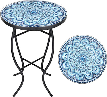 VCUTEKA Mosaic Outdoor Side Table, 14" Round Small Patio Accent Table Indoor End Table for Yard, Garden, Living Room, Bistro Balcony or Lawn Blue