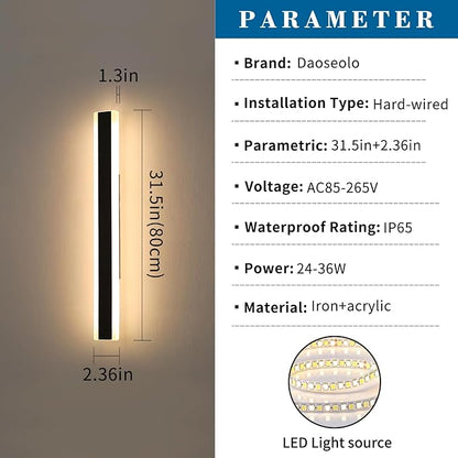 2 Pack 31.4inch Modern Outdoor LED Wall Sconce, Dimmable 3000K-6000K with Remote Control, IP65 Waterproof Black Aluminium Long Exterior Wall Light Fixture for Porch, Patio, Garage, Yard