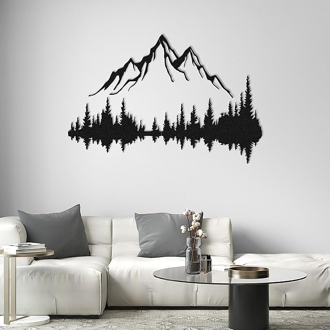 WOCHMANN,Mountain Lake Forest Large Metal Wall Art Black Minimalist Nature Silhouette Wall Decor Outdoor Landscape Wall Sculpture for Living Room, Bedroom, Kitchen or Office (Black, 71W'' x 47L'', Unframed)
