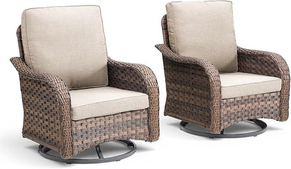 Outdoor Swivel Rocker Patio Chairs-High Back Wicker Swivel Rocker Patio Chairs Set of 2,All Weather Wicker Chair Patio Furniture Sets with Covered Cushions for Porch Balcony Deck Brown/Beige