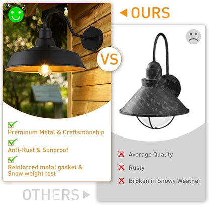 12.4" Dome Gooseneck Barn Light, Outdoor Anti-Rust&Waterproof Farmhouse Wall Sconce, Wall Lanterns for Porch/Patio, E26 Base 100W Max(Black 1-Pack Dusk to Dawn Outdoor Lighting)