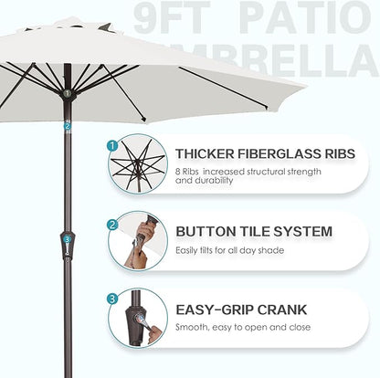 PatioKingdom 9FT Patio Outdoor Umbrella-UPF 50+ Sun Shade with Wind Vent, Push-Button Tilt & Smooth Crank Lift, Rust-Resistant Fiberglass Frame for Garden, Backyard,Yard (Creamy-white, 9FT)