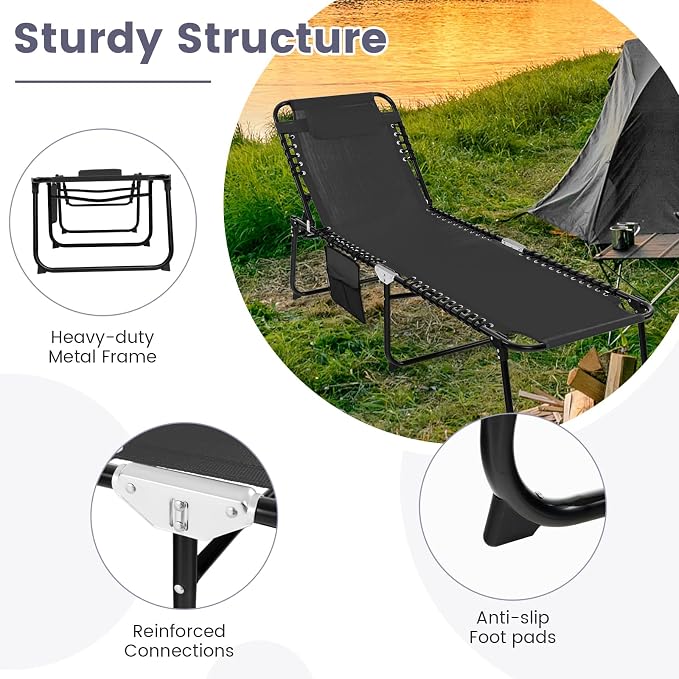 Tangkula Beach Lounge Chair for Outside, Folding Chaise Lounge Outdoor with 4-Position Backrest, Removable Headrest and Side Pocket, Portable Sunbathing Tanning Chair for Patio, Poolside (2, Black)