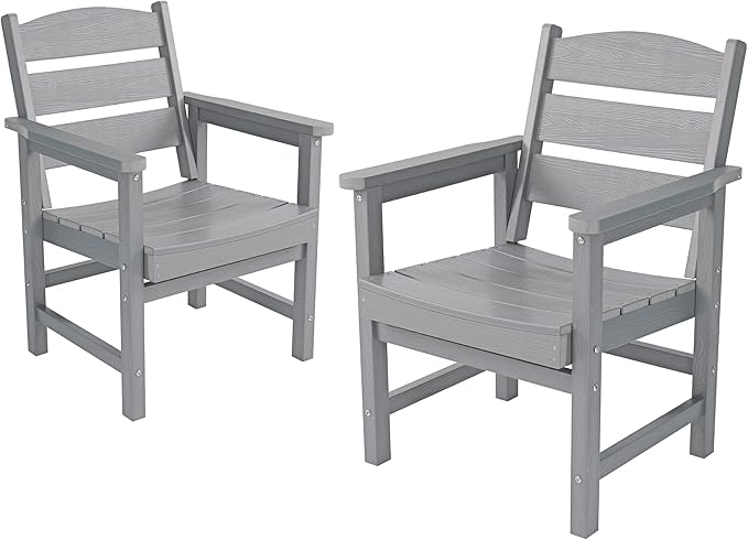 Patio Dining Chair Set of 2, Poly Lumber Outdoor Dining Chairs, Weather Resistant HIPS Outdoor Chairs for Pool, Deck, Backyard, Garden, Fire Pit Seating, Grey