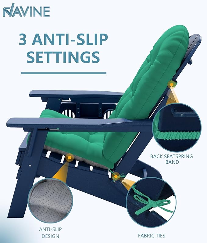 Adirondack Chair Cushion Set of 4, Thickened Patio Chair Cushions with Ties, Waterproof and UV-Protected Rocking Chair Cushion for Indoor and Outdoor, Green.