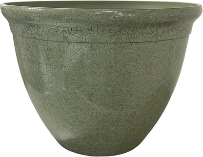 The HC Companies 16 Inch Tucson Round Planter Pots with Ceramic Look, Lightweight UV-Resistant Resin Indoor & Outdoor Planters, 1-Pack Flower Pots for Garden & Home Decor, Green Crackle
