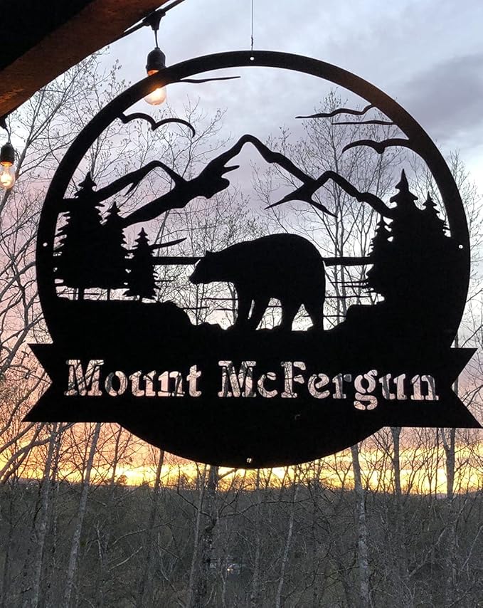 RealSteel Personalized Bear Metal Sign - Custom Outdoor Wall Art with Mountain Scene - Circular Design for Porch, Patio, Lawn & Garden Décor - Rust, 36"