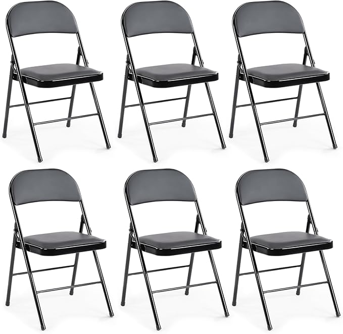 DUMOS 6 Pack Leather Padded Folding Chair, Indoor Outdoor Portable Stackable Commercial Seat with Steel Frame, Capacity for Home, Office, Party, Comfy, Black