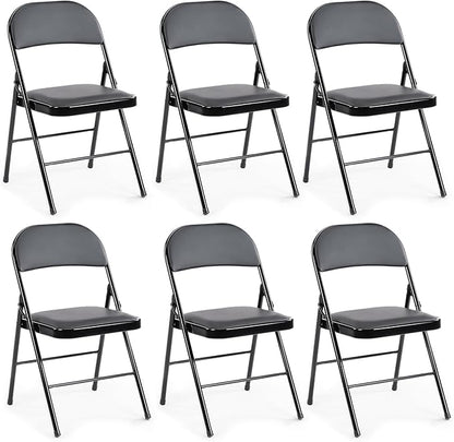 DUMOS 6 Pack Leather Padded Folding Chair, Indoor Outdoor Portable Stackable Commercial Seat with Steel Frame, Capacity for Home, Office, Party, Comfy, Black