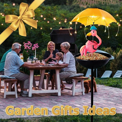 Solar Bird Feeder Garden Decor, Outdoor Solar Lights with Umbrella, Hummingbird Feeder Decorative Path Lights Yard Art Ornament Bird Feeder (Flamingo)