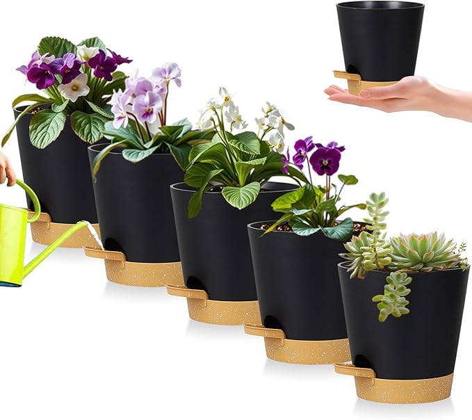 5 Pack 5 Inch African Violet Pots Self Watering, Self-Watering Planters with Drainage Holes & Reservoir, Black Brown Plastic Pots for Indoor Outdoor Plants, Succulents & Flowers