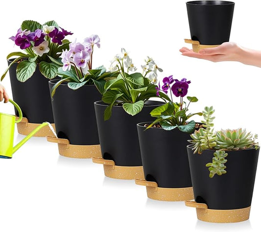 5 Pack 5 Inch African Violet Pots Self Watering, Self-Watering Planters with Drainage Holes & Reservoir, Black Brown Plastic Pots for Indoor Outdoor Plants, Succulents & Flowers