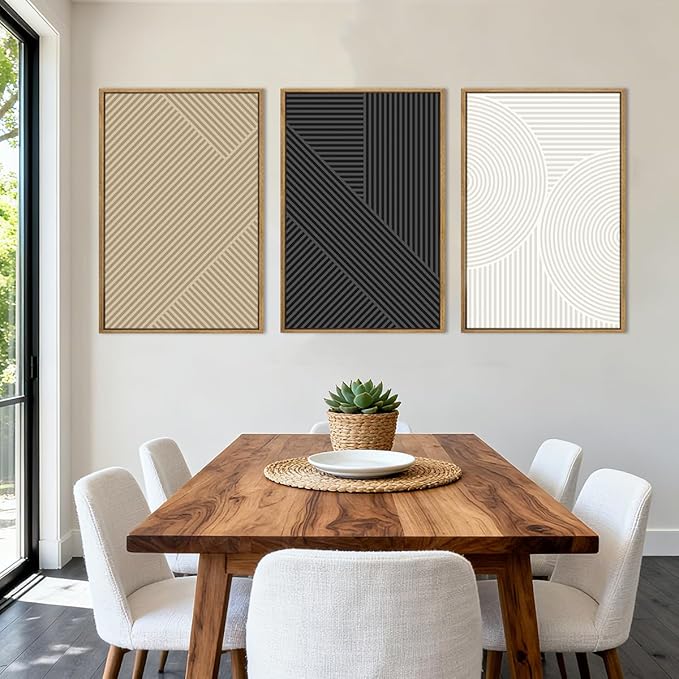 Anyzal Large Framed Black Abstract Wall Art 16x24 Inch Boho Modern Canvas Wall Decor Neutral Minimalist Line Artwork for Living Room Bedroom Dining Room Set of 3