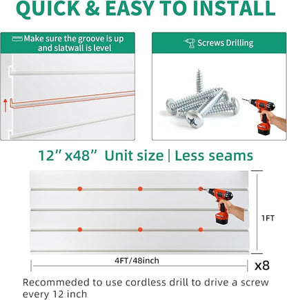 FRAYSCENT Slat Wall Paneling Garage Slat Wall Storage Systems Slatwall Panels Power Tool Organizer Wall Mount, PVC Garage Storage & Organization Products Slate Board (White, 4ft x 8ft with 26 Hooks)