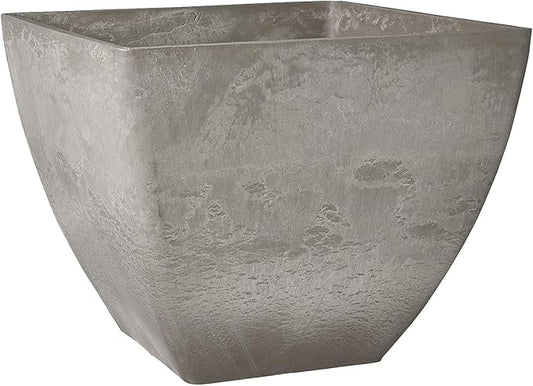 PSW Pot Collection 16x13 inch Plastic/Stone/Wood Composite Square Planter – No Drainage Hole (Drillable), Modern Indoor/Outer Pot for Flowers, Foliage, Succulents, Fairy Gardens, Cement Color