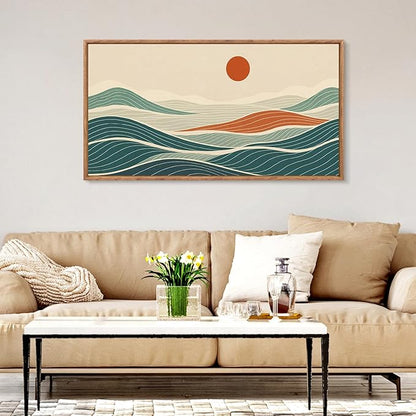 CHDITB Long Coastal Framed Wall Art, Minimalist Coastal Horizontal Wall Decor, Abstract Waves Line Artwork Ocean Sea Painting, Modern Beach Above Bed Art Prints for Nautical Theme Bedroom 40"x20"x1