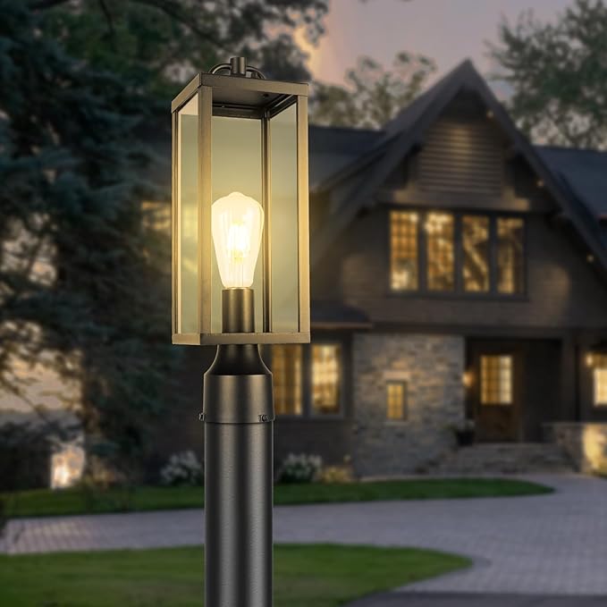 Outdoor Post Light Fixture, 16 Inch Tall Modern Exterior Square Pillar Lantern with Clear Glass, Transitional Black Pier Mount Lamp, Contemporary Pole Light for Garden, Backyard, Patio, Pathway
