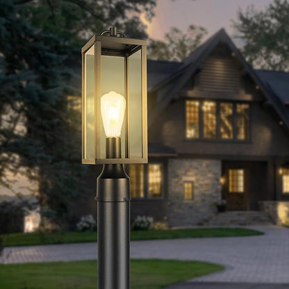 Outdoor Post Light Fixture, 16 Inch Tall Modern Exterior Square Pillar Lantern with Clear Glass, Transitional Black Pier Mount Lamp, Contemporary Pole Light for Garden, Backyard, Patio, Pathway