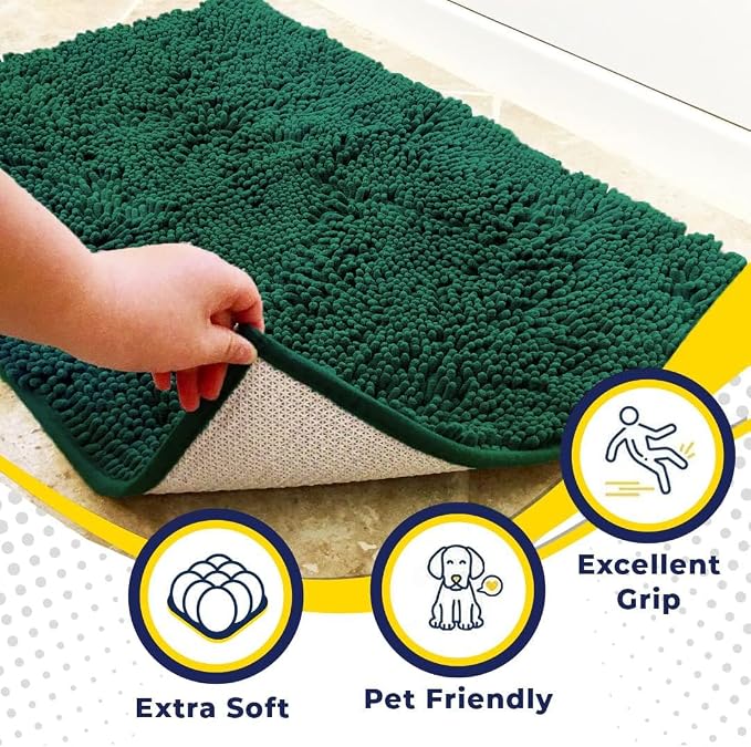 Muddy Mat® | Super Water Absorbent Door Mat Indoor, Microfiber Quick Dry Chenille Entryway Rug, Slip Resistant Front Door Mat, Indoor Mats for Entryway, Machine Washable Pet Rug, Dark Green 5ft x 7ft