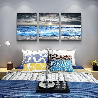 MHARTK66 3 Piece Canvas Wall Art - Blue Ocean Wave Seascape Pictures - Bedroom, Living Room, Office Wall Decor - Modern Home Decor