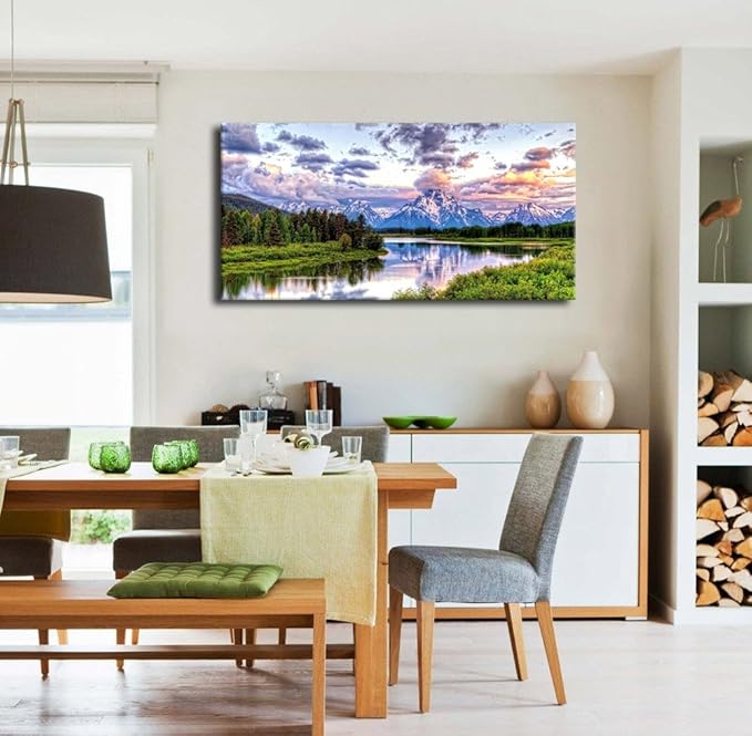 arteWOODS Landscape Canvas Wall Art Nature Picture Oxbow Bend Grand Teton National Park Modern Canvas Artwork River and Forest Contemporary Wall Art Large Size for Home Office Decoration 24" x 48"