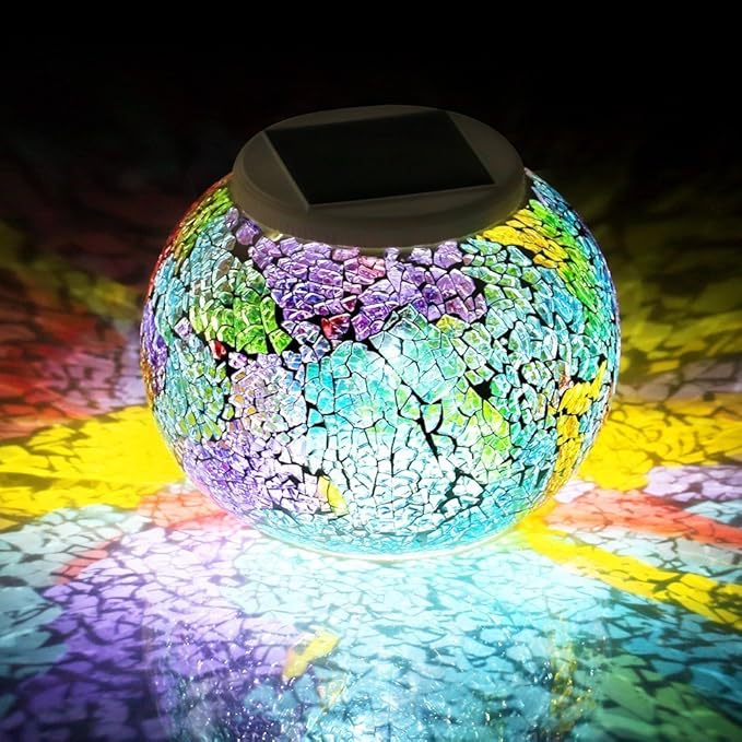 Waterproof Color Changing Table Lamp, Solar Powered Mosaic Glass Ball LED Garden Lawn Night Light Lamps, Party Lights for Home,Yard, Indoor,Outdoor Decoration Lights (Tricolor Plating)