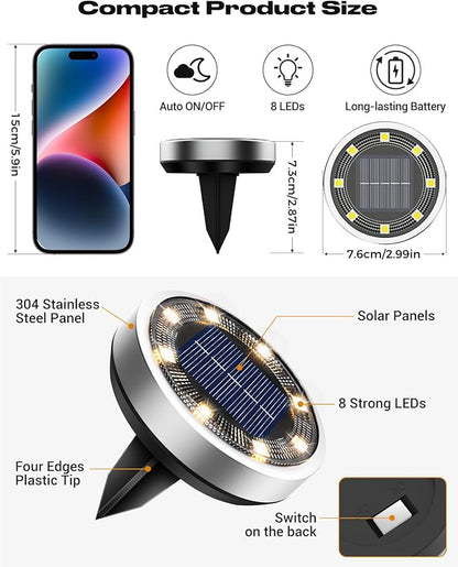 btfarm 2 Pack Solar Lights Outdoor, 8 LED Solar Ground Lights IP65 Waterproof Flat Solar Disc Light, Pathway Lights for Garden Lawn Patio Yard Path Landscape, Warm White