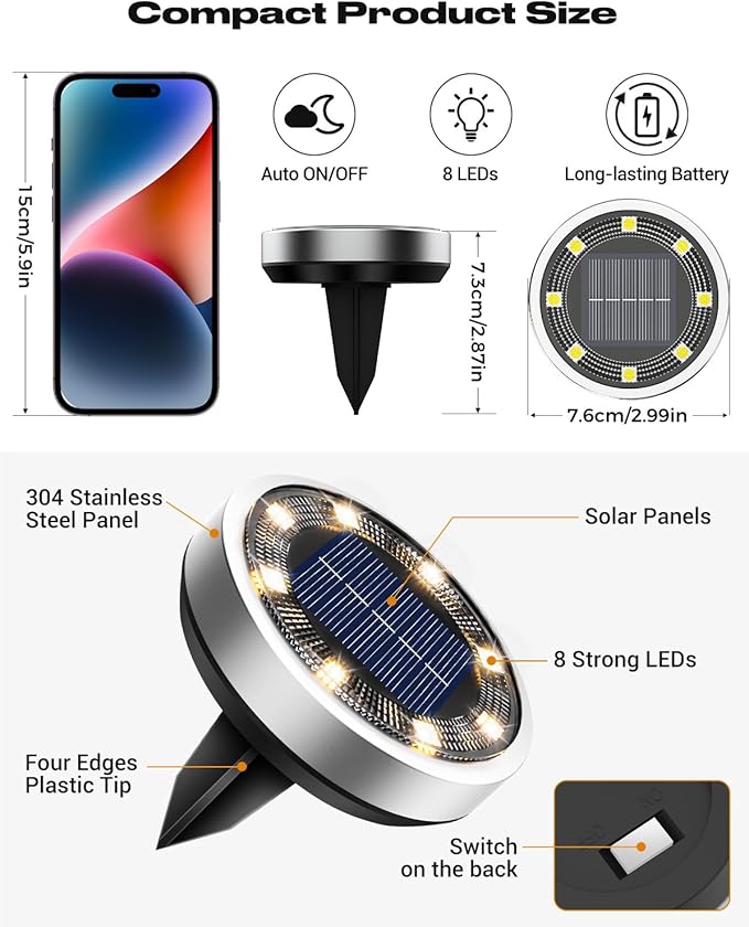 btfarm 24 Pack Solar Lights Outdoor, 8 LED Solar Ground Lights IP65 Waterproof Flat Solar Disc Light, Pathway Lights for Garden Lawn Patio Yard Path Landscape, Warm White