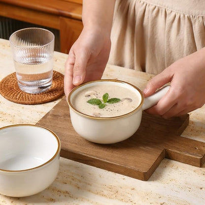MONITO 16 Oz French Onion Soup Bowls, Ceramic Soup Bowls with Handles, Stackable Soup Crocks Oven Safe for Chili, Beef Stew, Cereal,Casseroles Microwave & Dishwasher Safe, Set of 4, White