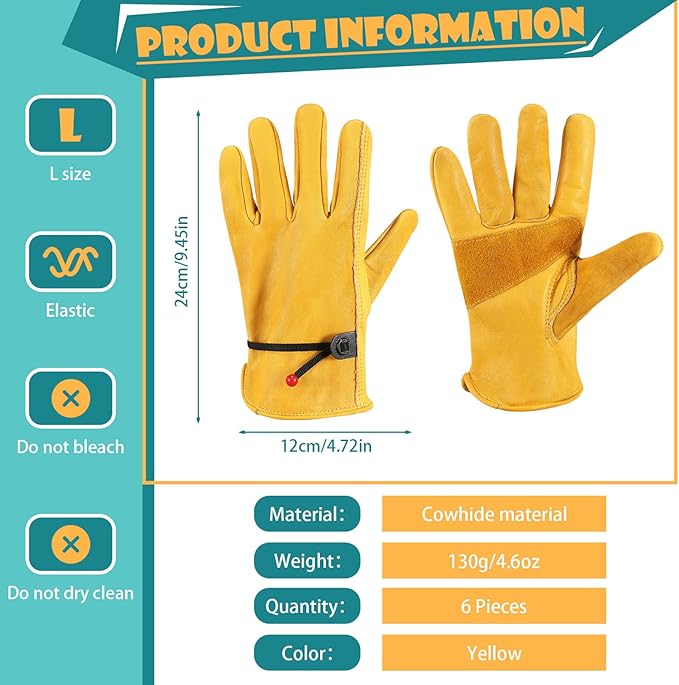 Tarpop Men's Large Cowhide Leather Work Gloves, Reinforced Palm for Wood Cutting, Construction, Gardening, Driving