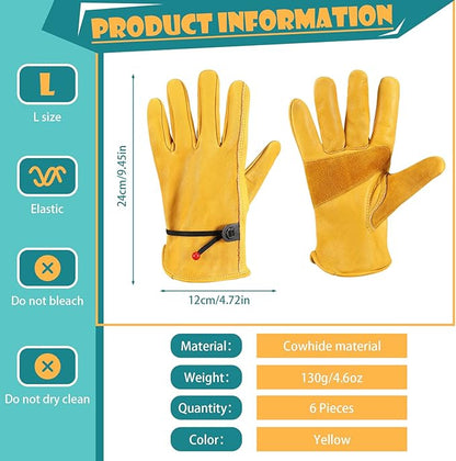 Tarpop Men's Large Cowhide Leather Work Gloves, Reinforced Palm for Wood Cutting, Construction, Gardening, Driving
