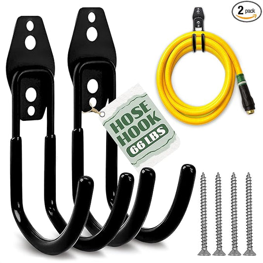 2 Pcs Hose Hook Wall Mount with Heavy-Duty Steel Construction - Anti-Slip Coating, Holds Up to 66 lbs of Hoses, Cords, and Tools - Garden Hose Hanger for Outside Yard, Garage, Shed, or Fence Post