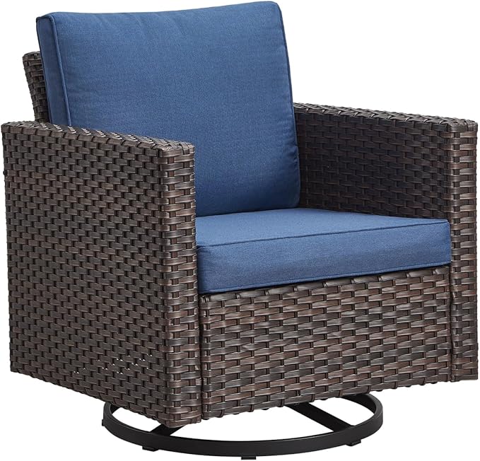 Outdoor Patio Swivel Rocker Chairs - Single Wicker Patio Swivel Rocking Chair with Waterproof Wicker,Comfortable Cushions and Sturdy Metal Frame for Outside Porch Deck Backyard(Brown/Blue/1PC)