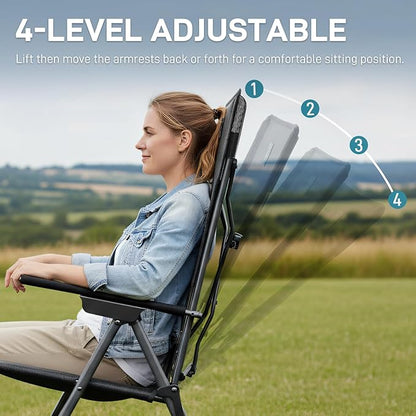 EVER ADVANCED Reclining Camping Chairs for Adult Lightweight, Portable Compact Folding Chair with High Back, 4-Level Recliner Chairs, Lawn Chair for Patio Balcony, Supports 300lbs Textilene Mesh Black