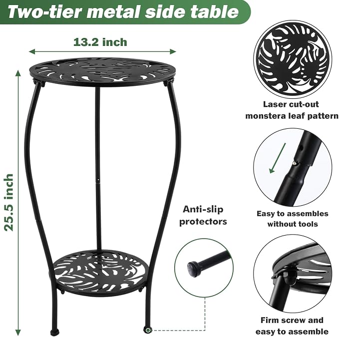 Party Zealot Two-Tiered 12 Inch Metal Round Side Tables Small Black Outside End Table for Patio Round Accent Garden Corner Stand for Small Spaces Weather-Resistant Outdoor Coffee Table for Balcony