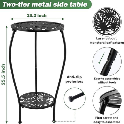 Party Zealot Two-Tiered 12 Inch Metal Round Side Tables Small Black Outside End Table for Patio Round Accent Garden Corner Stand for Small Spaces Weather-Resistant Outdoor Coffee Table for Balcony