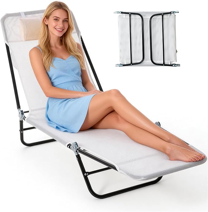 Outdoor Chaise Lounge with Detachable Pillow, Reclining Folding Chair with 5-Position Adjustable Back, Portable Tanning Chair For Beach, Pool, Lawn, Breathable Mesh Seat, No Assembly (Cream White)