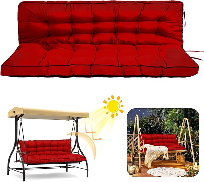 2/3 Seater Swing Replacement Cushion, Waterproof Porch Swing Cushions with Backrest, Thickened Bench Cushions for Outdoor Furniture, for Outdoor Patio Swing (Red, 63 * 40in)