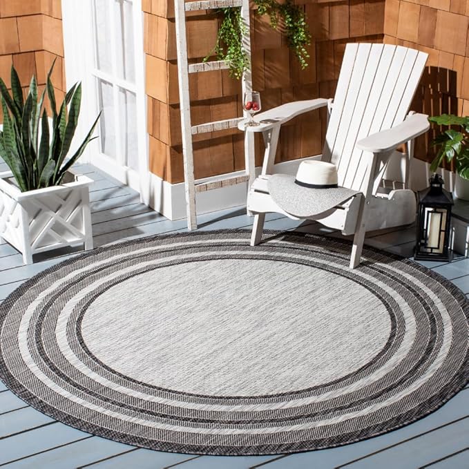 SAFAVIEH Washable Rug Outdoor Courtyard Collection - 7'10" Round, Light Grey & Black, Non-Shedding & Easy Cleaning, Ideal for Patio, Backyard, Mudroom (CY8475-37612)