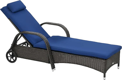 Outsunny Wicker Outdoor Chaise Lounge, 5-Level Adjustable Backrest PE Rattan Pool Lounge Chair with Wheels, Cushion & Headrest, Brown and Dark Blue