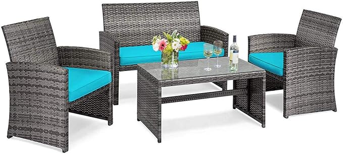COSTWAY Patio Furniture Set 4 Pieces, Outdoor Wicker Chairs Sofa w/Coffee Table and Soft Cushions, Rattan Conversation Sets for Patio Lawn Backyard Yard Pool Garden, Turquoise