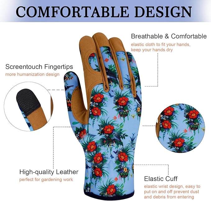 Leather Gardening Gloves for Women Thorn Proof Garden Gloves Touch Screen Working Gloves Gifts,M
