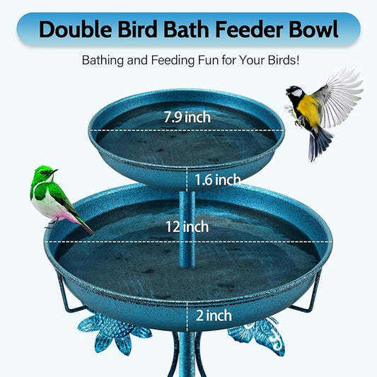 Daoeny Bird Bath for Outside, 42In Vintage Freestanding Birdbaths for Outdoors, Double Metal Bird Bath Feeder Bowls for Garden Patio Yard Lawn Decor, Upgraded 5-Pronged Base (Blue)