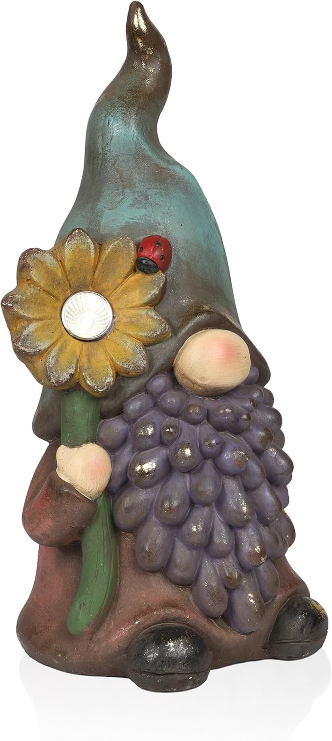 Alpine Corporation MCC852SLR Solar Gnome Holding Flower with Turquoise Hat Statue, Stylish Décor for Garden, Patio, & Lawn, 18" H, Multicolor