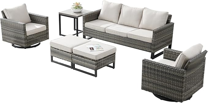 Wicker Outdoor Patio Furniture Set - 6 Piece Patio Conversation Set with 2 Swivel Rocker Chairs,2 Rattan Ottoman,1 Couch and 1 Metal Side Table for Outside Porch Deck Backyard(Mixed Grey/Beige)