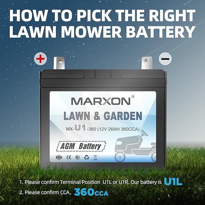 MARXON U1 360CCA Riding Lawn Mower Batteries, Garden Tractors Battery Maintenance Free AGM Battery, Compatible with Troy-Bilt, Toro, Cub Cadet, Craftsman, Ariens, Poulan Pro